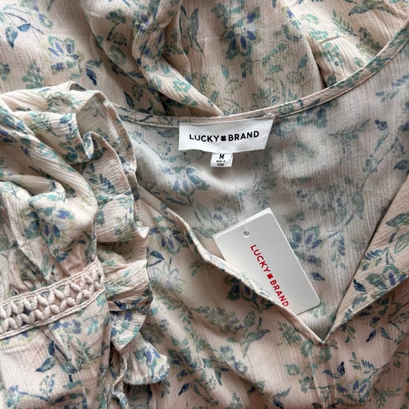 Lucky Brand Maxi Dress Soft Cream Blue Floral Flutter Sleeves Crochet Boho - Picture 11 of 12